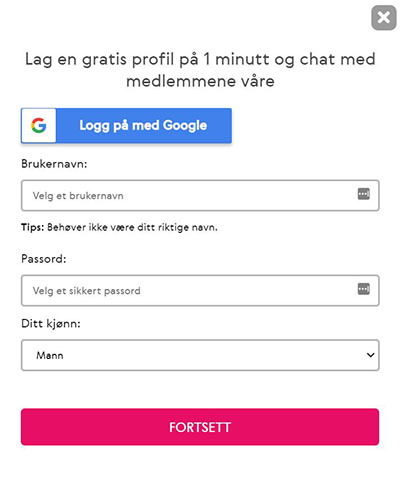 Registrering på HyggeligTreff er enkelt med et middels langt skjema og mulighet for Google-konto registrering.